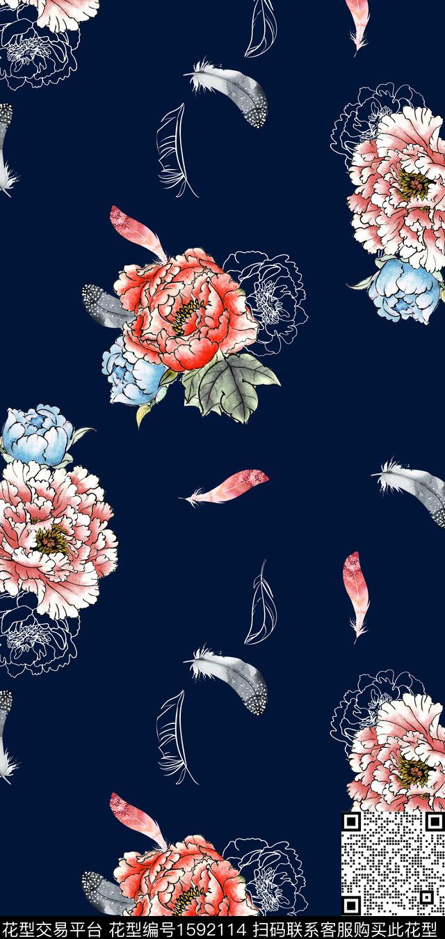 牡丹花纹羽毛水墨风数码印花华亿平台下载（图片编号: 1592114） - 瓦栏（Walan）