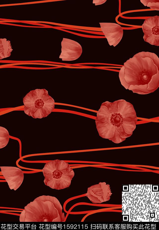 花卉黑底花卉线条数码印花华亿平台下载（图片编号: 1592115） - 瓦栏（Walan）