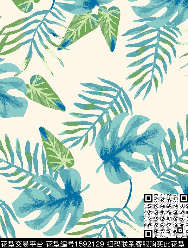 热带叶子水彩数码印花华亿平台下载（图片编号: 1592129） - 瓦栏（Walan）