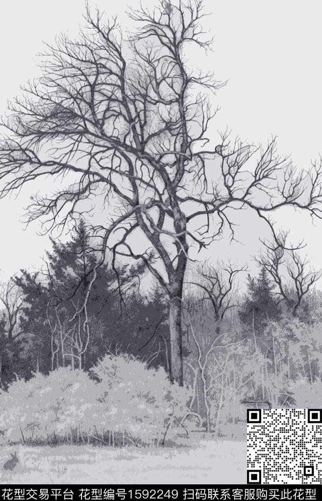 树林小兔子黑白数码印花华亿平台下载（图片编号: 1592249） - 瓦栏（Walan）