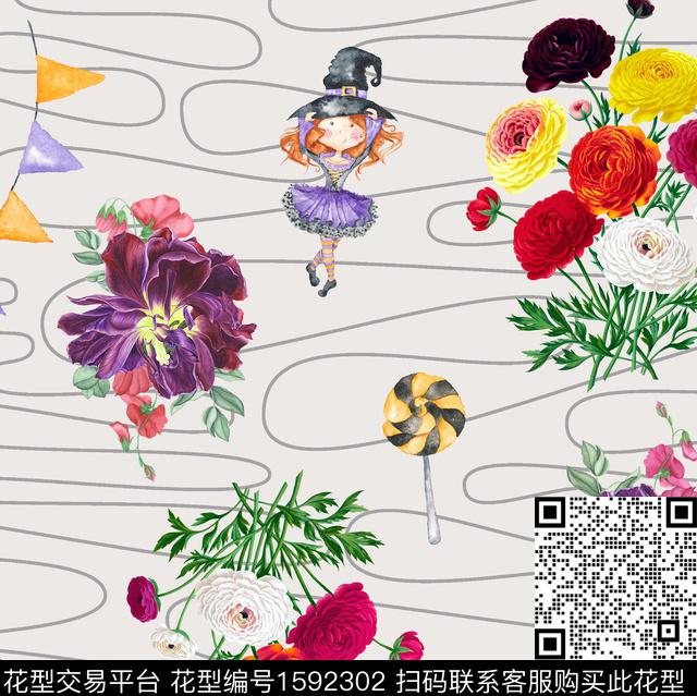 万圣节卡通人物花卉数码印花华亿平台下载（图片编号: 1592302） - 瓦栏（Walan）