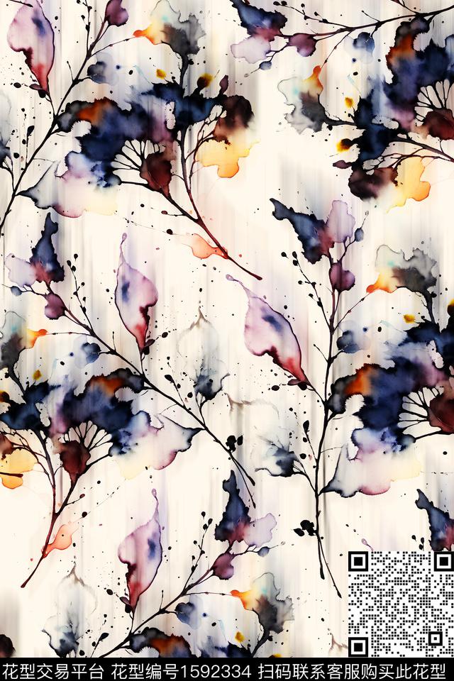 花卉水彩虚影数码印花华亿平台下载（图片编号: 1592334） - 瓦栏（Walan）