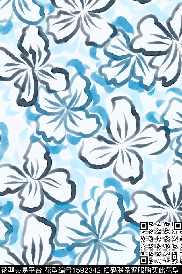 简约线条花卉手绘数码印花华亿平台下载（图片编号: 1592342） - 瓦栏（Walan）