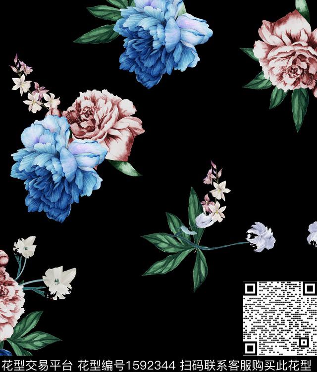 黑底花卉水彩花卉花卉数码印花华亿平台下载（图片编号: 1592344） - 瓦栏（Walan）