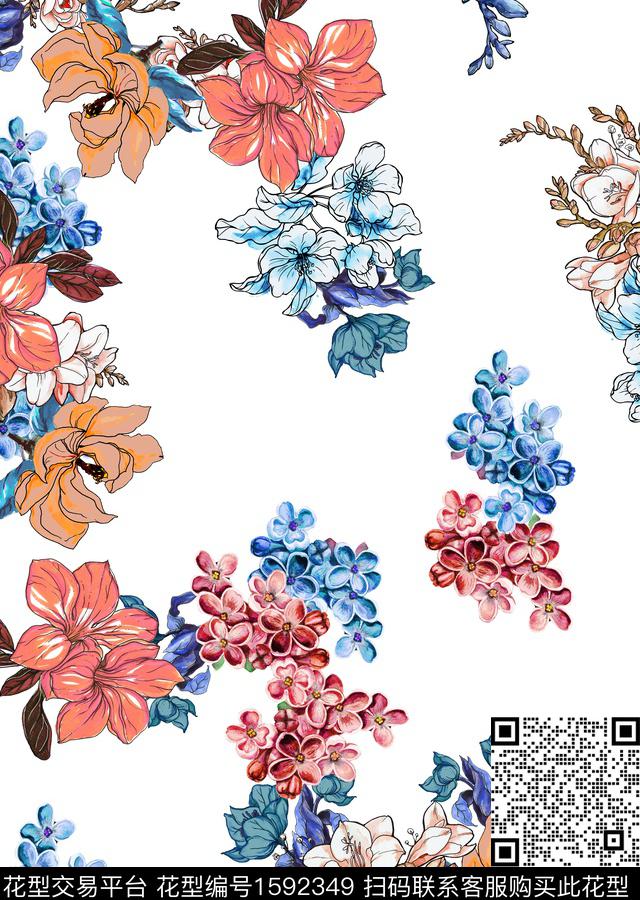花卉白底花水彩花卉数码印花华亿平台下载（图片编号: 1592349） - 瓦栏（Walan）