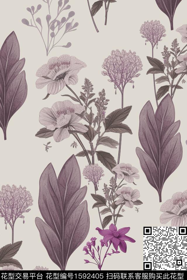 花卉复古绿植树叶数码印花华亿平台下载（图片编号: 1592405） - 瓦栏（Walan）