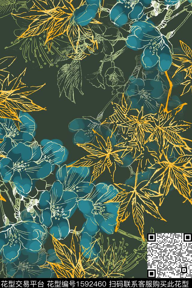 花卉线条花卉水彩花卉数码印花华亿平台下载（图片编号: 1592460） - 瓦栏（Walan）