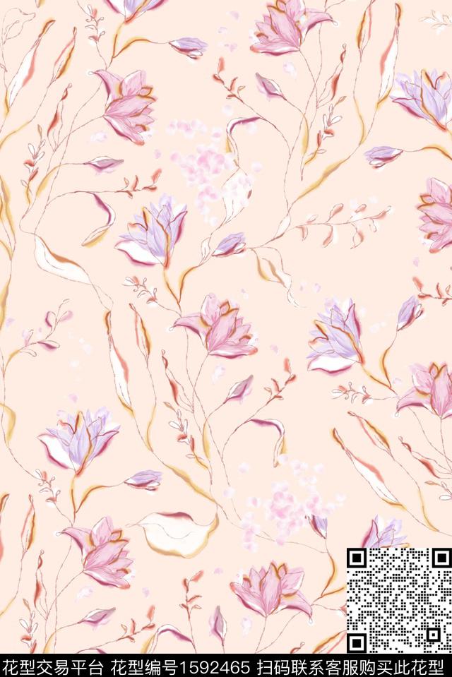 花卉小碎花线条画数码印花华亿平台下载（图片编号: 1592465） - 瓦栏（Walan）