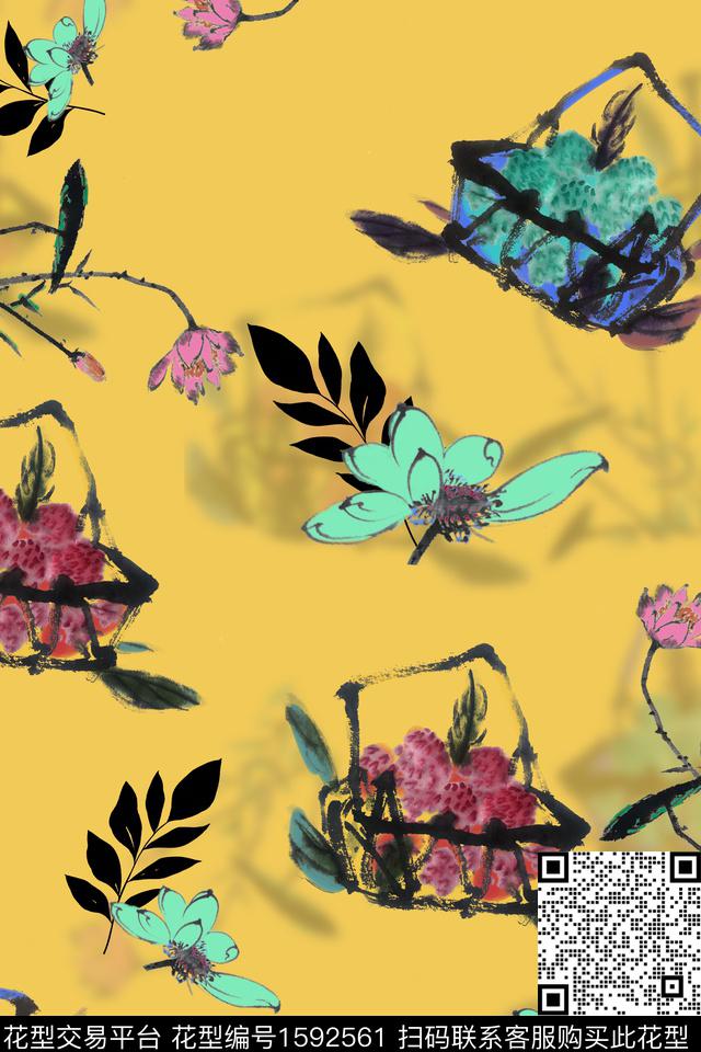 花卉荷花水墨风数码印花华亿平台下载（图片编号: 1592561） - 瓦栏（Walan）