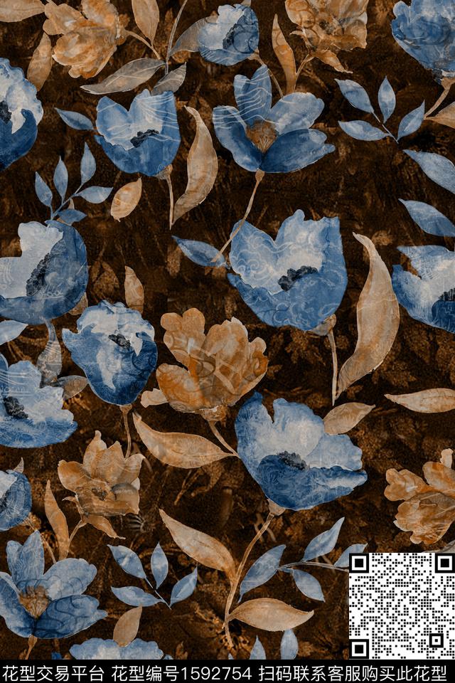 黑底花卉真丝花卉数码印花华亿平台下载（图片编号: 1592754） - 瓦栏（Walan）