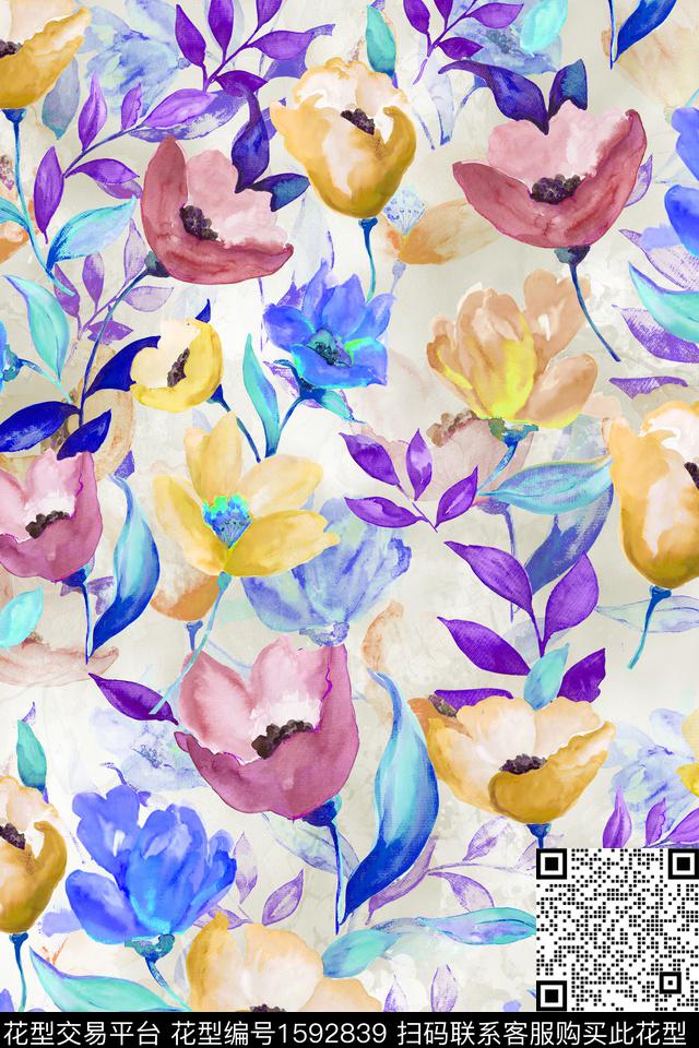 水彩花卉满版散花花卉数码印花华亿平台下载（图片编号: 1592839） - 瓦栏（Walan）