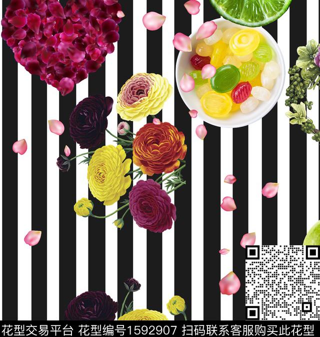 条纹水果花卉数码印花华亿平台下载（图片编号: 1592907） - 瓦栏（Walan）