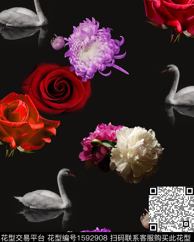 花卉黑底花卉天鹅数码印花华亿平台下载（图片编号: 1592908） - 瓦栏（Walan）
