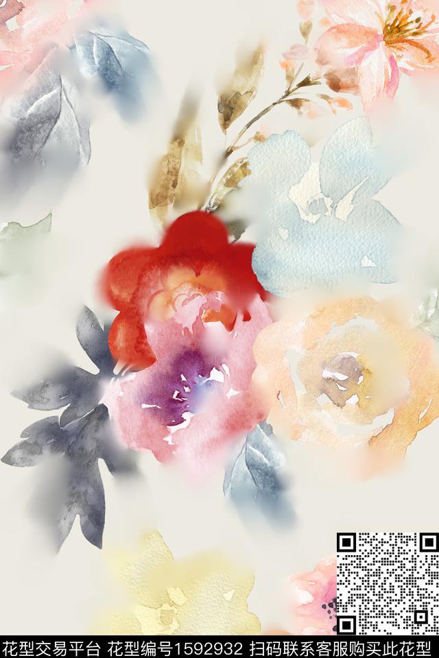大花花卉水彩花卉数码印花华亿平台下载（图片编号: 1592932） - 瓦栏（Walan）