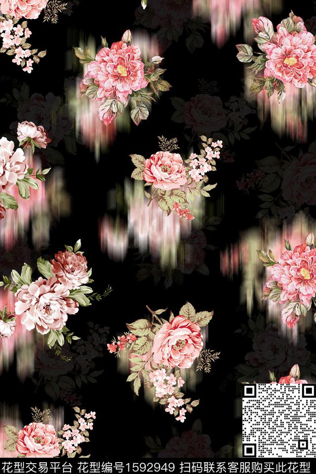 黑底花卉虚影花卉数码印花华亿平台下载（图片编号: 1592949） - 瓦栏（Walan）