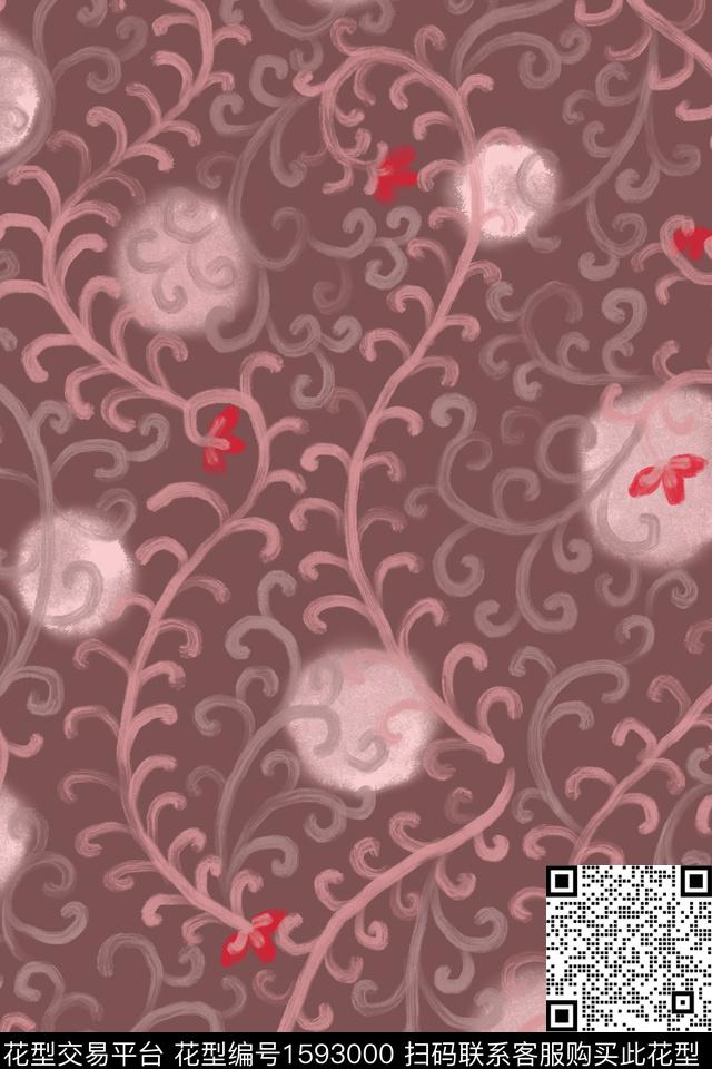 花卉卷草笔触数码印花华亿平台下载（图片编号: 1593000） - 瓦栏（Walan）