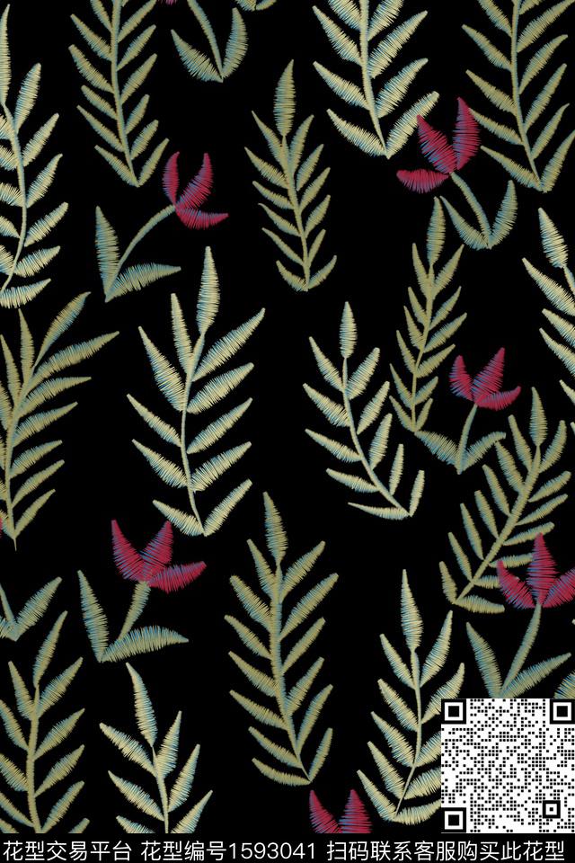 黑底花卉绿植树叶绣花华亿平台数码印花华亿平台下载（图片编号: 1593041） - 瓦栏（Walan）