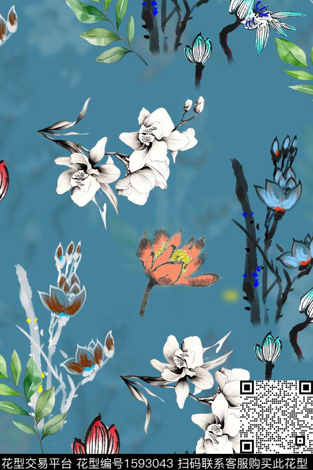 水墨风荷花花卉数码印花华亿平台下载（图片编号: 1593043） - 瓦栏（Walan）