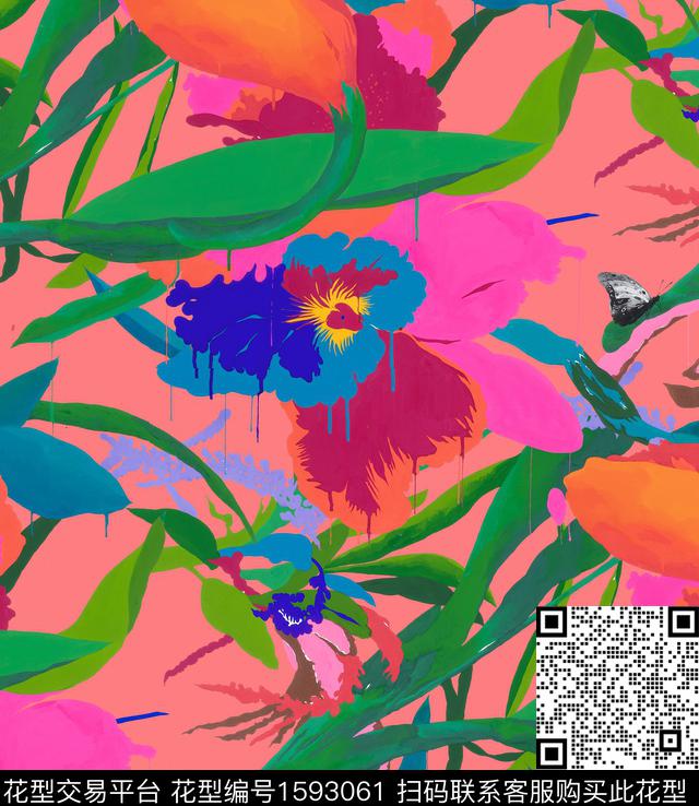 大花孔雀绿彩色底数码印花华亿平台下载（图片编号: 1593061） - 瓦栏（Walan）