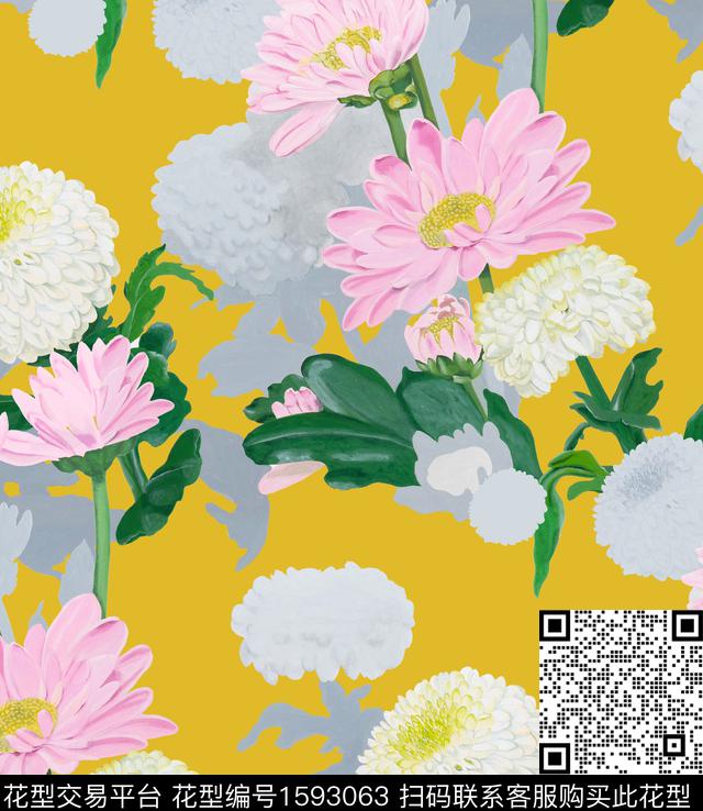 大花孔雀绿彩色底数码印花华亿平台下载（图片编号: 1593063） - 瓦栏（Walan）