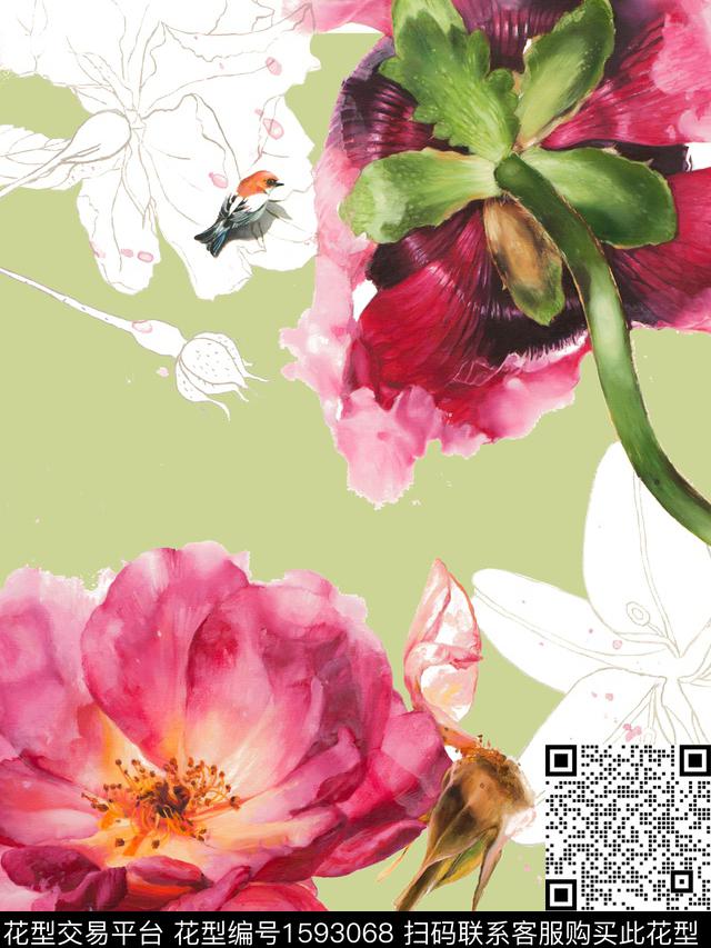 花卉水彩花卉剪影数码印花华亿平台下载（图片编号: 1593068） - 瓦栏（Walan）