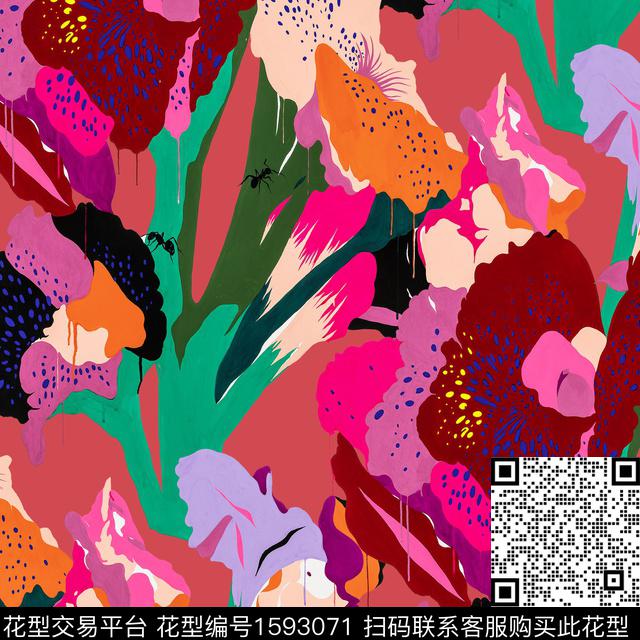 大花孔雀绿彩色底数码印花华亿平台下载（图片编号: 1593071） - 瓦栏（Walan）