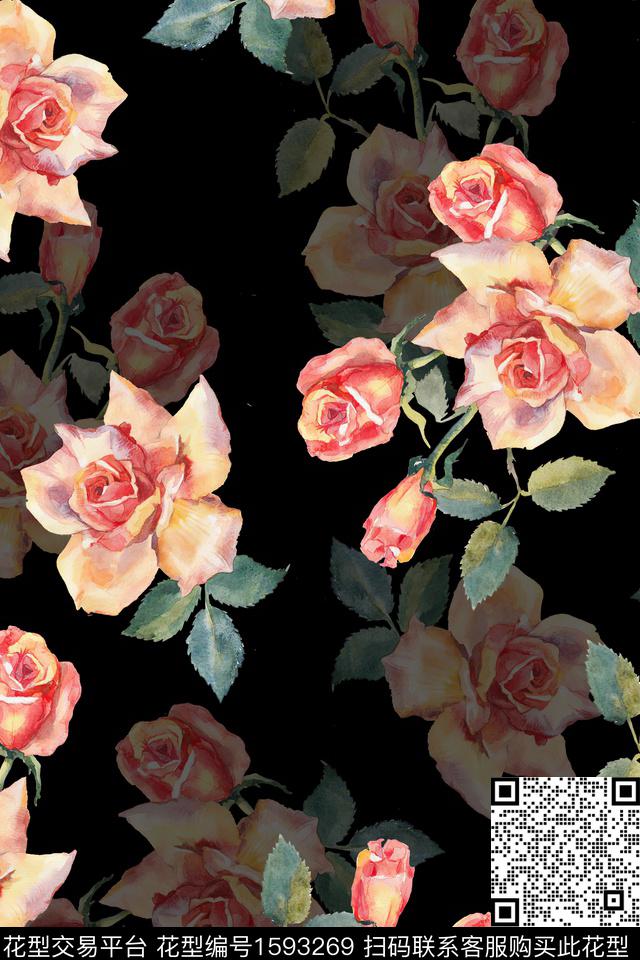 黑底花卉水彩花卉影花数码印花华亿平台下载（图片编号: 1593269） - 瓦栏（Walan）