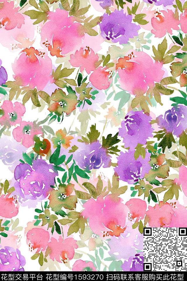 水彩花卉花卉满版散花数码印花华亿平台下载（图片编号: 1593270） - 瓦栏（Walan）