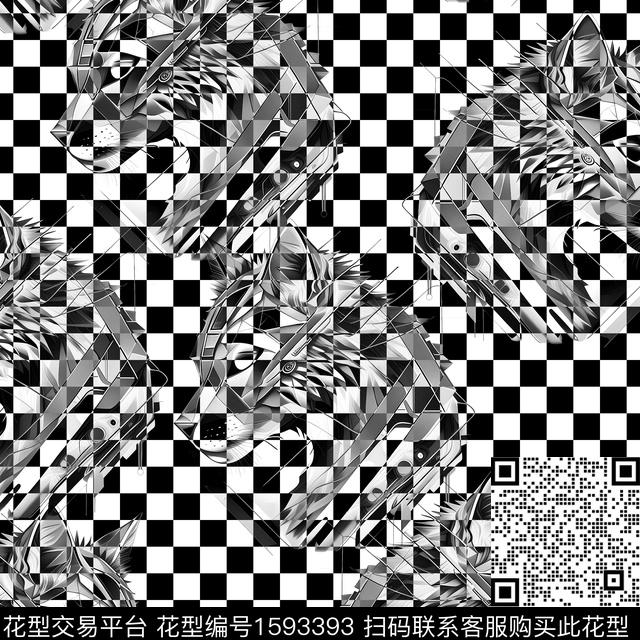 格子黑白动物数码印花华亿平台下载（图片编号: 1593393） - 瓦栏（Walan）