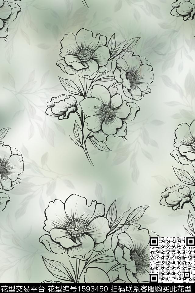 花卉线条花卉影花数码印花华亿平台下载（图片编号: 1593450） - 瓦栏（Walan）