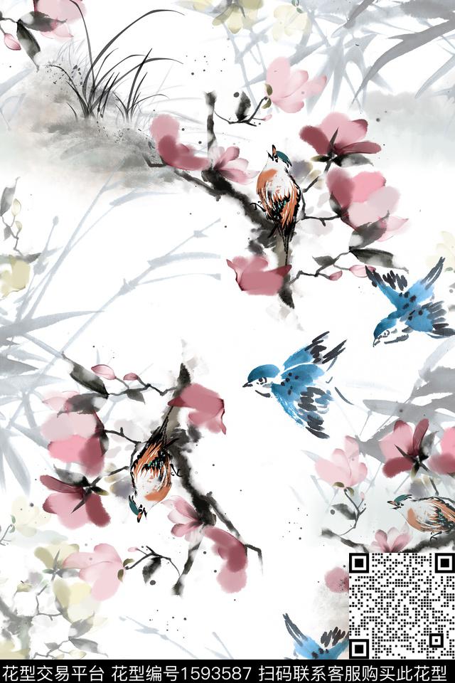 水墨风国画花卉数码印花华亿平台下载（图片编号: 1593587） - 瓦栏（Walan）