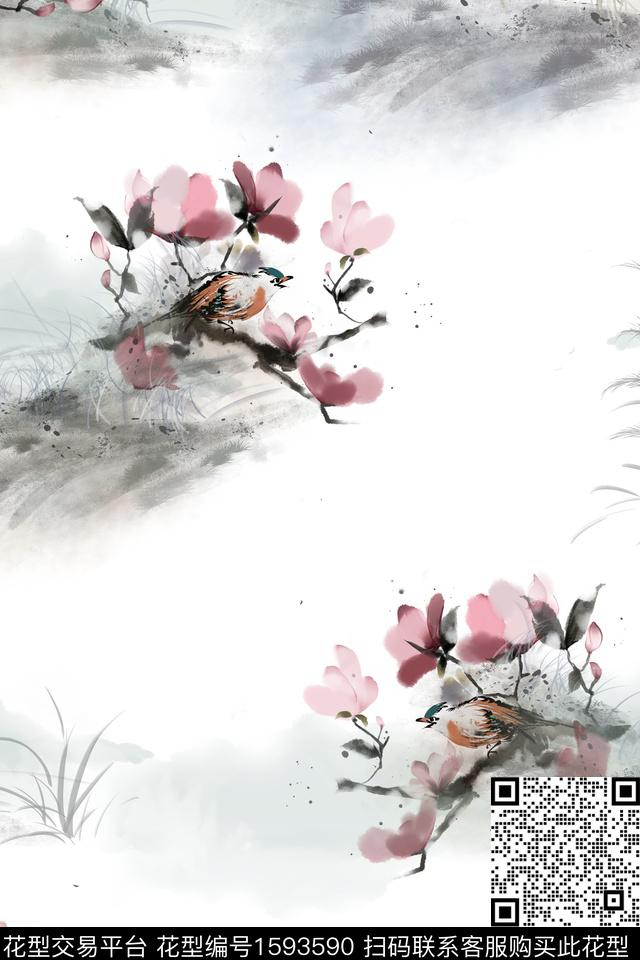 水墨风国画花卉数码印花华亿平台下载（图片编号: 1593590） - 瓦栏（Walan）