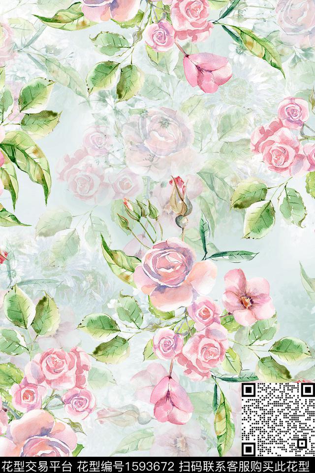 小清新水彩花卉影花数码印花华亿平台下载（图片编号: 1593672） - 瓦栏（Walan）