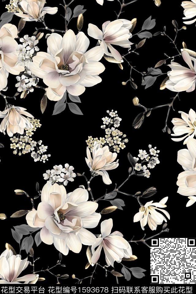 黑底花卉花卉数码印花华亿平台下载（图片编号: 1593678） - 瓦栏（Walan）