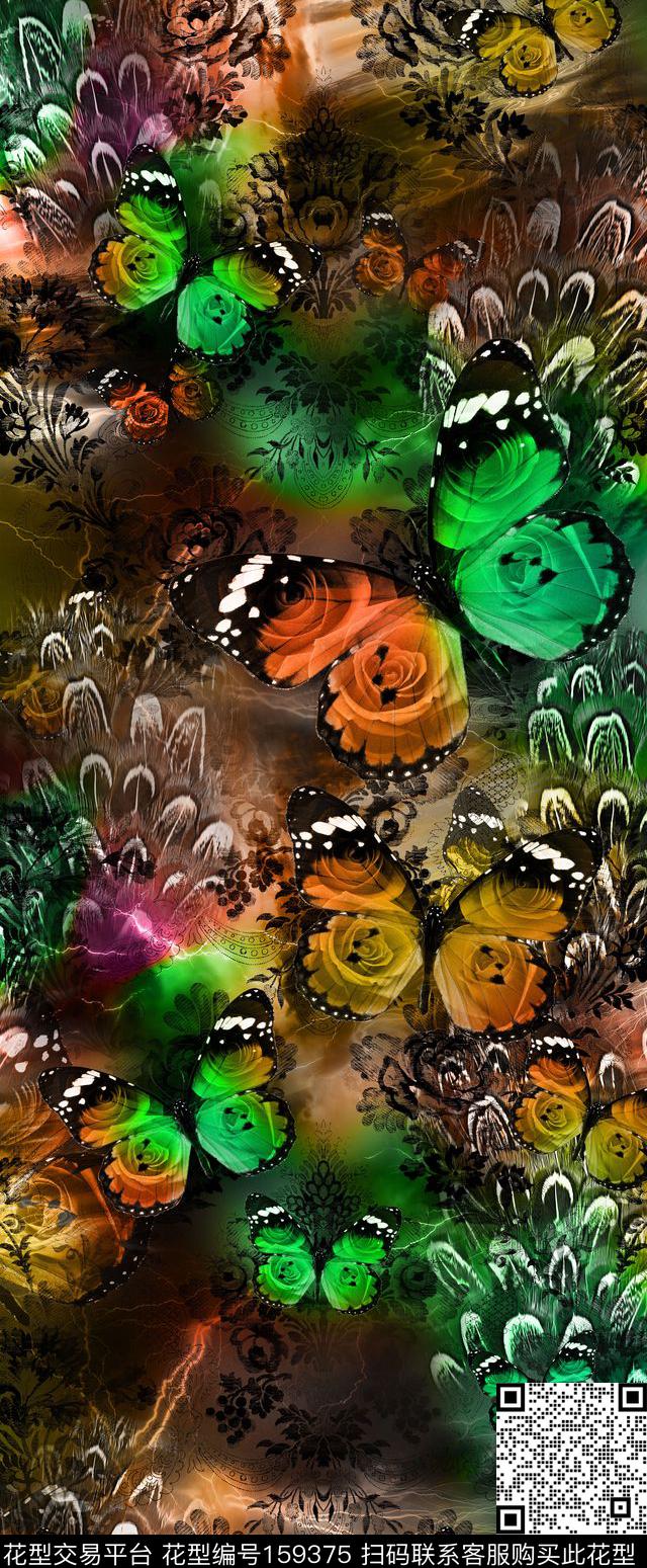 蝴蝶宫廷服装数码印花华亿平台下载（图片编号: 159375） - 瓦栏（Walan）