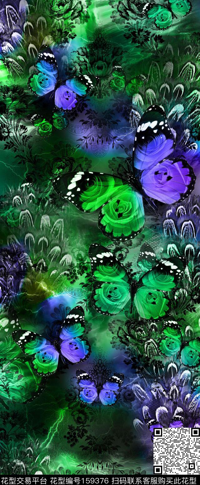 花卉羽毛蝴蝶数码印花华亿平台下载（图片编号: 159376） - 瓦栏（Walan）