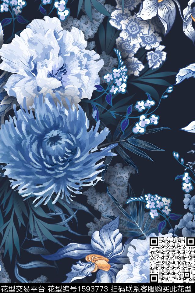 大花花卉水彩花卉数码印花华亿平台下载（图片编号: 1593773） - 瓦栏（Walan）
