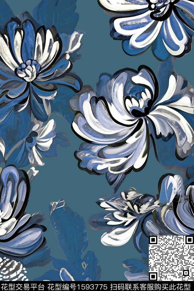 大花花卉深色底华亿平台数码印花华亿平台下载（图片编号: 1593775） - 瓦栏（Walan）