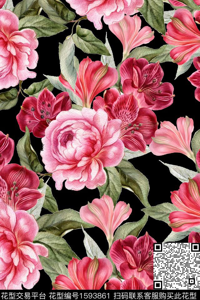 黑底花卉真丝花卉数码印花华亿平台下载（图片编号: 1593861） - 瓦栏（Walan）
