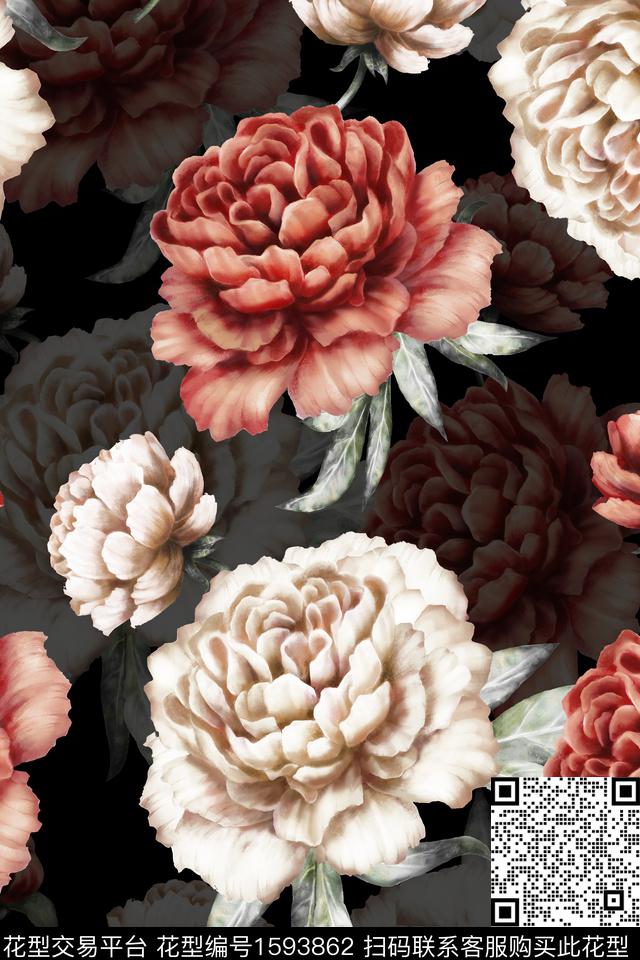 黑底花卉真丝花卉数码印花华亿平台下载（图片编号: 1593862） - 瓦栏（Walan）