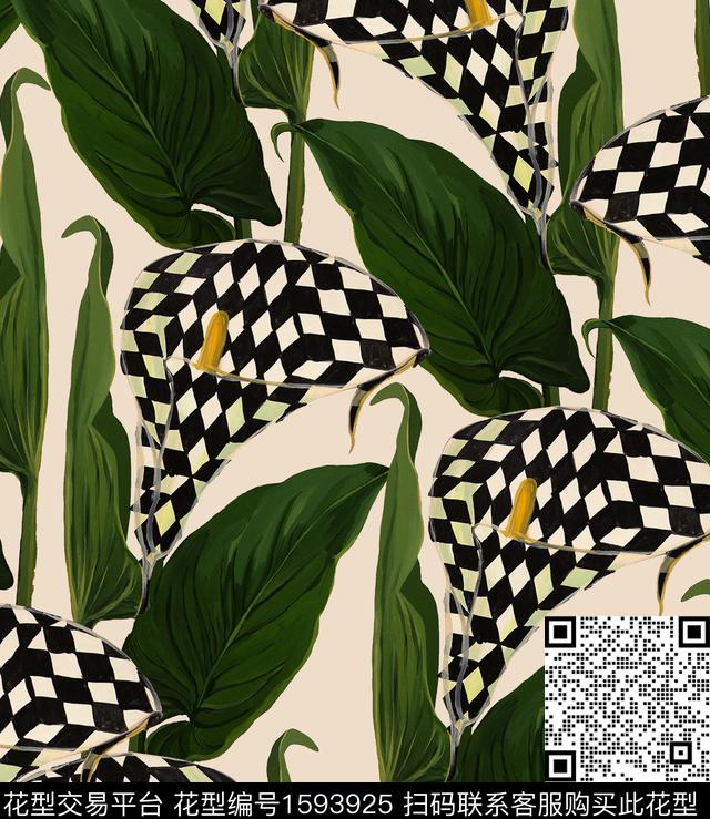 棋盘格马蹄莲绿色系数码印花华亿平台下载（图片编号: 1593925） - 瓦栏（Walan）