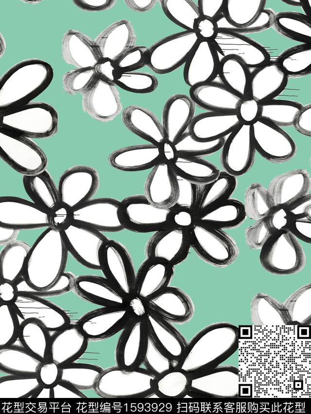 黑白华亿平台花卉水墨风数码印花华亿平台下载（图片编号: 1593929） - 瓦栏（Walan）