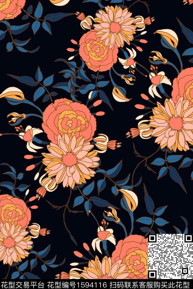 花卉女装黑底花卉数码印花华亿平台下载（图片编号: 1594116） - 瓦栏（Walan）