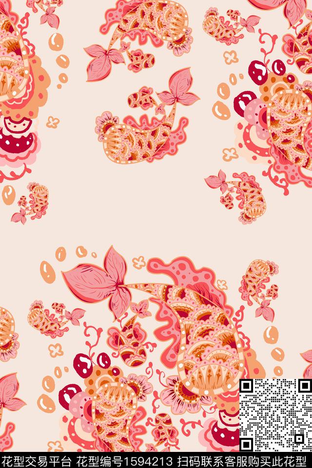 鱼民族风佩斯利数码印花华亿平台下载（图片编号: 1594213） - 瓦栏（Walan）