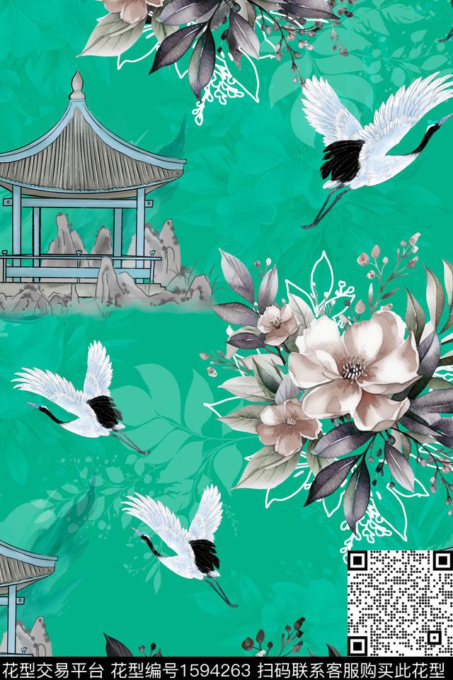 中国风水墨风亭子数码印花华亿平台下载（图片编号: 1594263） - 瓦栏（Walan）