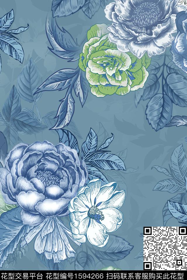 大花花卉影花数码印花华亿平台下载（图片编号: 1594266） - 瓦栏（Walan）