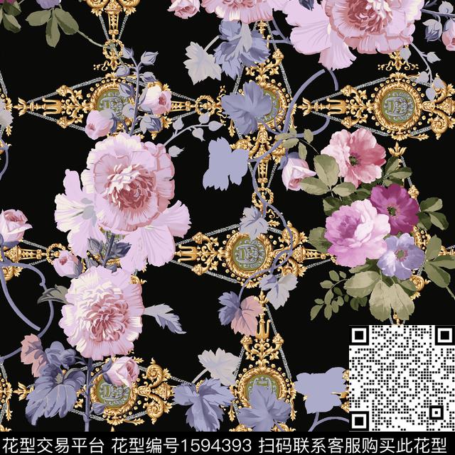 花卉黑底花卉宫廷风数码印花华亿平台下载（图片编号: 1594393） - 瓦栏（Walan）