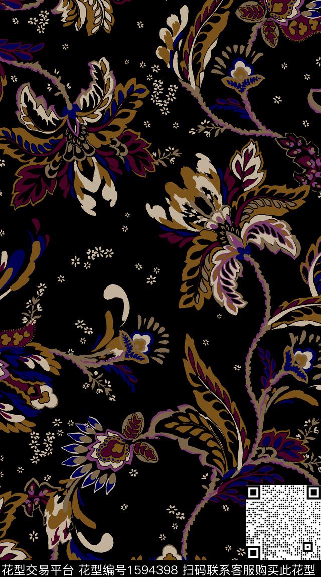 黑底花卉民族花卉花卉数码印花华亿平台下载（图片编号: 1594398） - 瓦栏（Walan）
