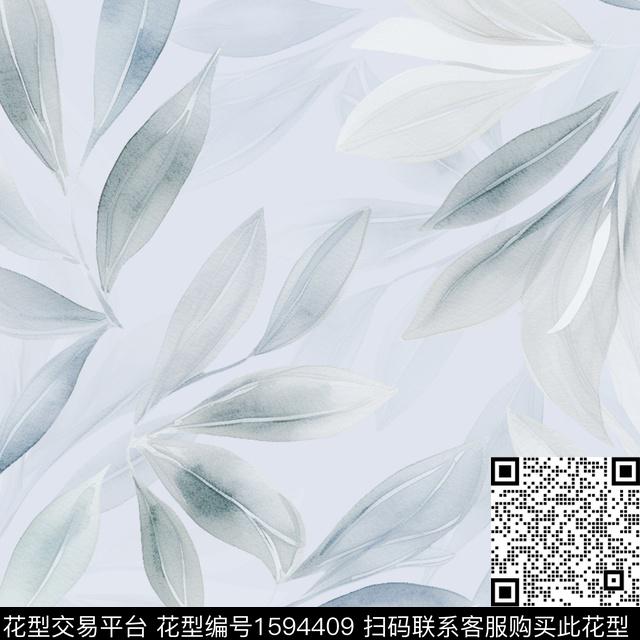 水彩灰色调叶子数码印花华亿平台下载（图片编号: 1594409） - 瓦栏（Walan）