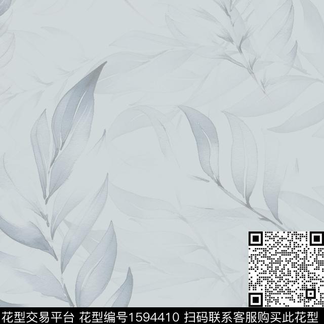 水彩灰色调叶子数码印花华亿平台下载（图片编号: 1594410） - 瓦栏（Walan）